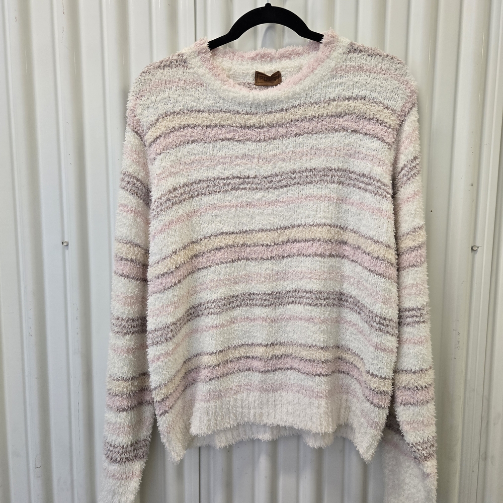 POL Plush Striped Crewneck Sweater - Cream, Pink & Taupe